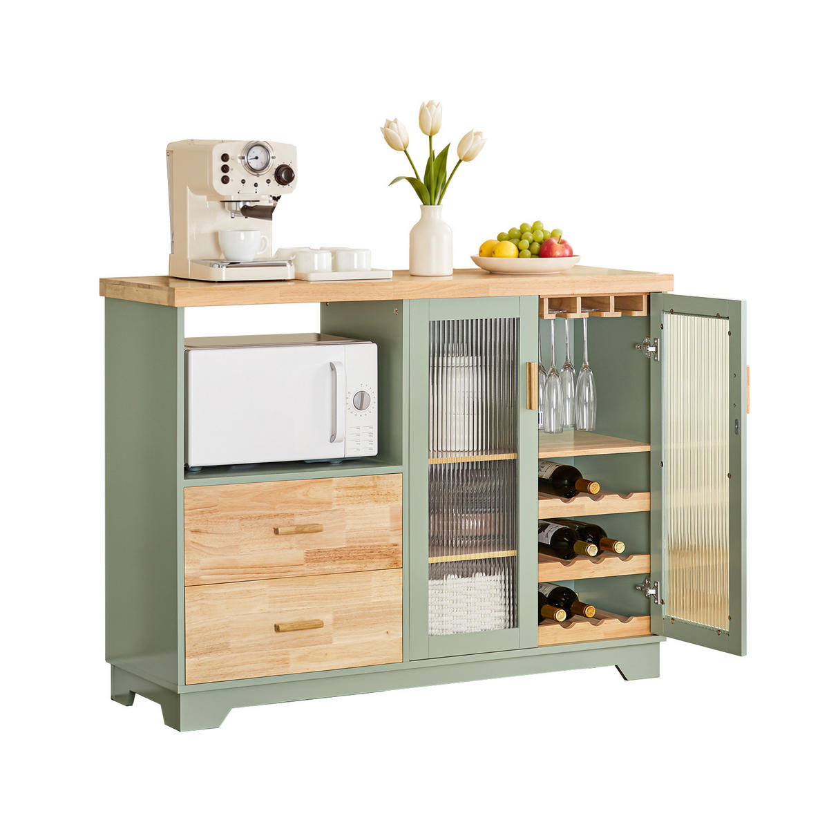SIDEBOARD Grün, 120 cm breit, Arbeitsplatte aus Gummibaumholz, Glastüren mit Weinglas-Halterung und Flaschenregal, 2 Schubladen - Grün, Glas/Holz (120/90/40cm) - SoBuy