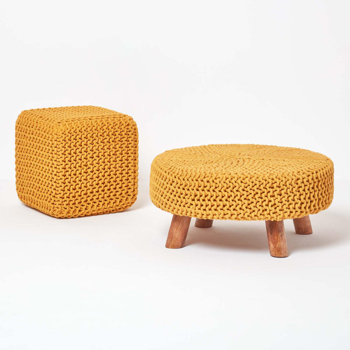 STRICK-POUF senfgelb, Sitzwürfel 35/35/35 cm - Currygelb, Textil (35/35/35cm) - Homescapes