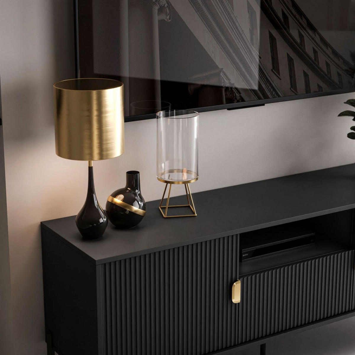 TV Rack DALIA 155 cm - Goldfarben/Schwarz, Holzwerkstoff (155/58/40cm) - Lookway