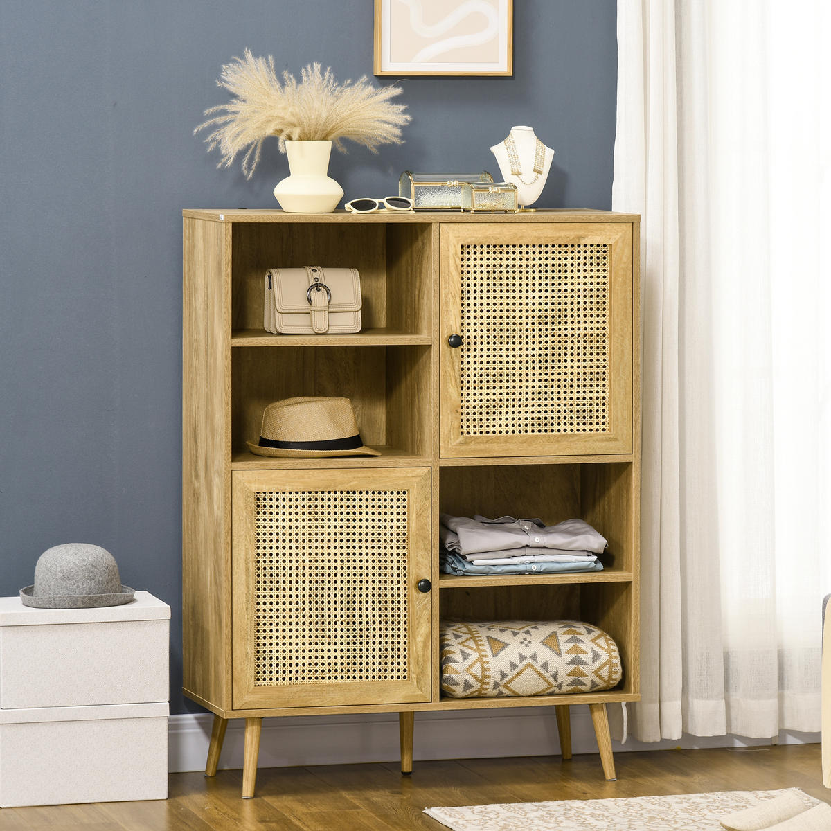 SIDEBOARD DE-11038 2 Türen mit Korbgeflecht & offene Fächer Natur - Eichefarben, Holzwerkstoff (90/120/32.5cm) - ComfortXL