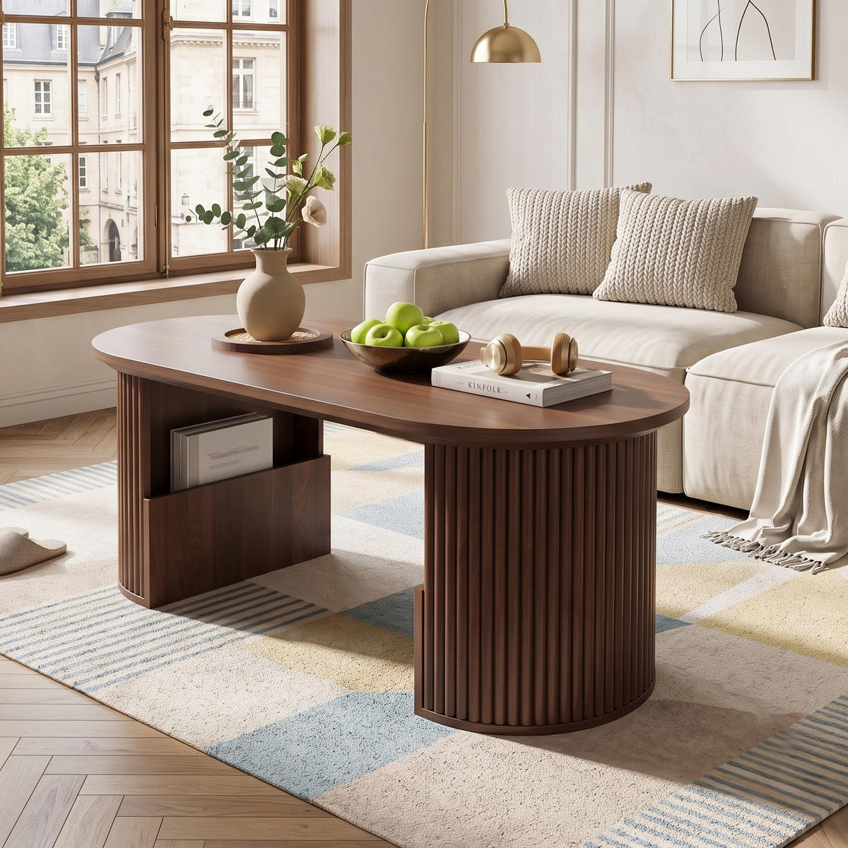 COUCHTISCH Oval Nussbaum Retro-Stil mit vertikaler Textur - Walnussfarben, Holzwerkstoff (50/105/46.5cm) - Urban Meuble