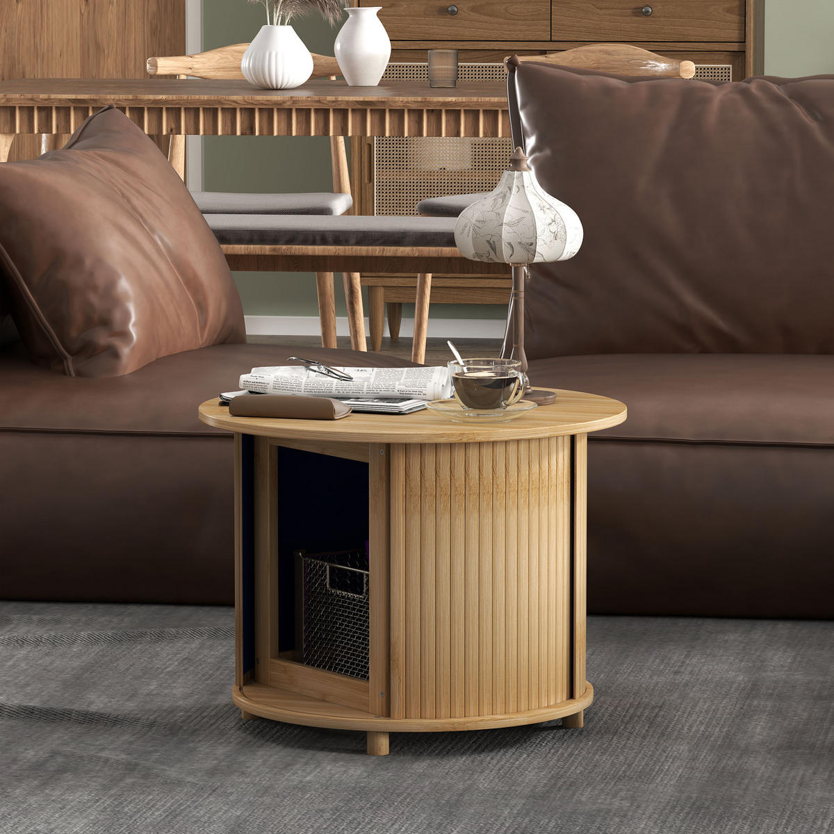 COUCHTISCH mit verstecktem Stauraum und Schiebetür, Natur, Ø60 x 45 cm - Naturfarben, Naturmaterialien (60/60/45cm) - HOMCOM