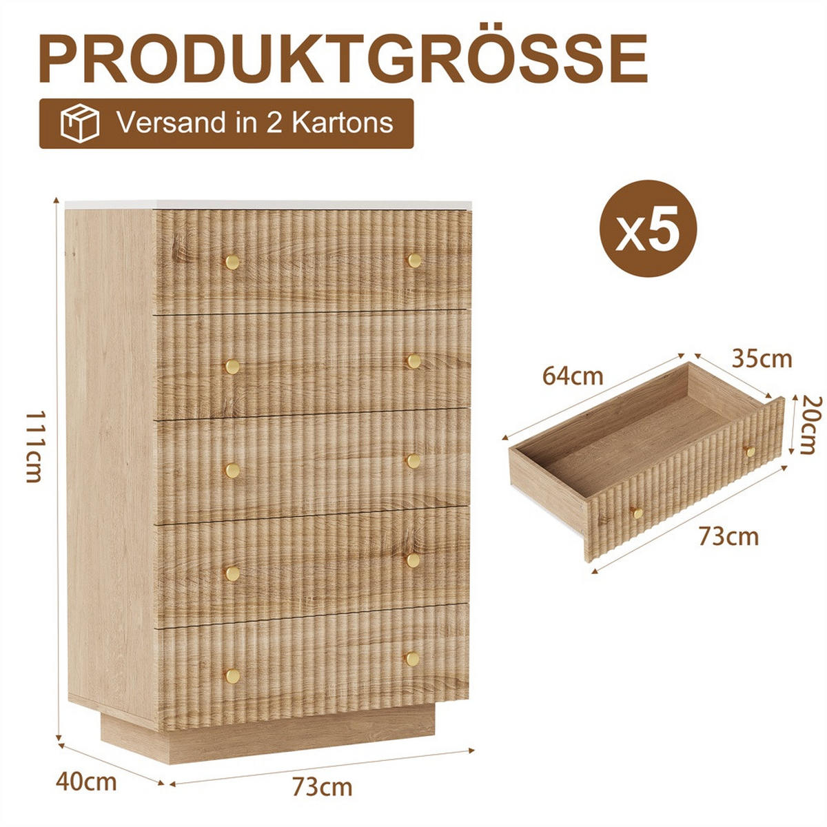 KOMMODE mit 5 Schubladen - stimmungsvolle 3-Farben-LED-Beleuchtung - natürliche Holz-Optik - Eichefarben, Holzwerkstoff (73/111/40cm) - DELFA