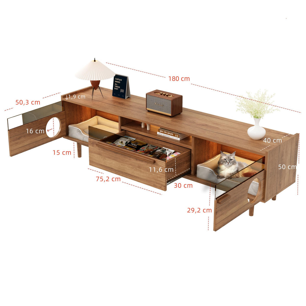 LOWBOARD 180/40/50 cm Walnussfarben aus MDF und gehärtetem Glas mit LED-Beleuchtung und Katzenruheraum - Walnussfarben, Holzwerkstoff (40/50/180cm) - OKMYHOME