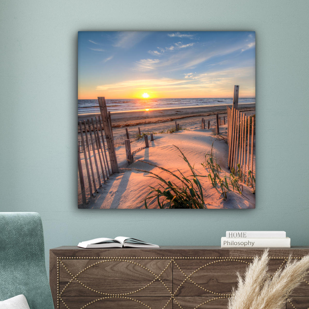 LEINWANDBILD Strand - Meer - Düne - Sonnenuntergang - Landschaft Deko Groß 90x90 cm - Beige, Textil (90/90cm) - MuchoWow
