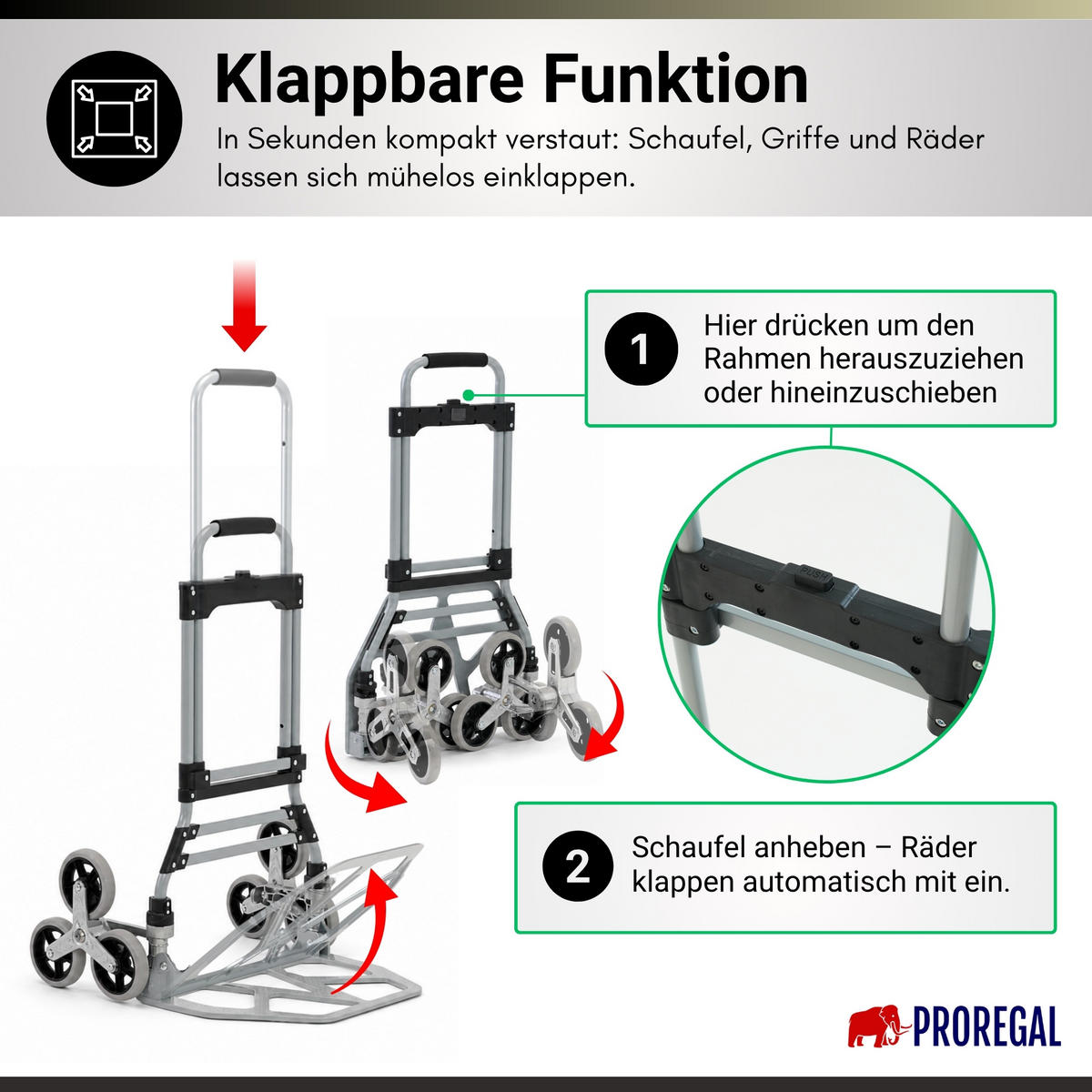 TREPPENSTEIGER Sackkarre Elephant klappbar 112x49x58cm Traglast 150kg AluminiumrahmenTRR Fachgummiräder Schwarz - Silberfarben, Metall (58/49/112cm) - PROREGAL