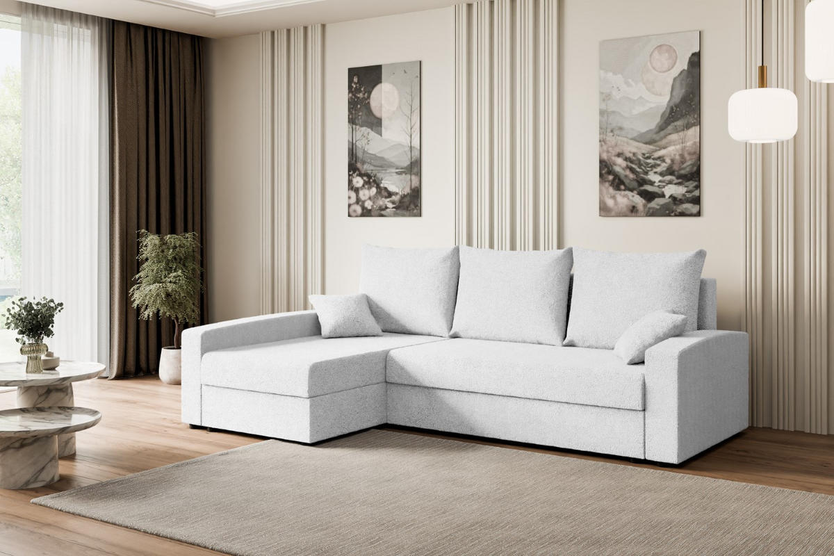 ECKSOFA mit Schlaffunktion und Bettkasten ALESIA-L 231x140x90 cm Weiß Bouclé - Silberfarben/Weiß, Holzwerkstoff/Kunststoff (231/140cm) - ALTDECOR