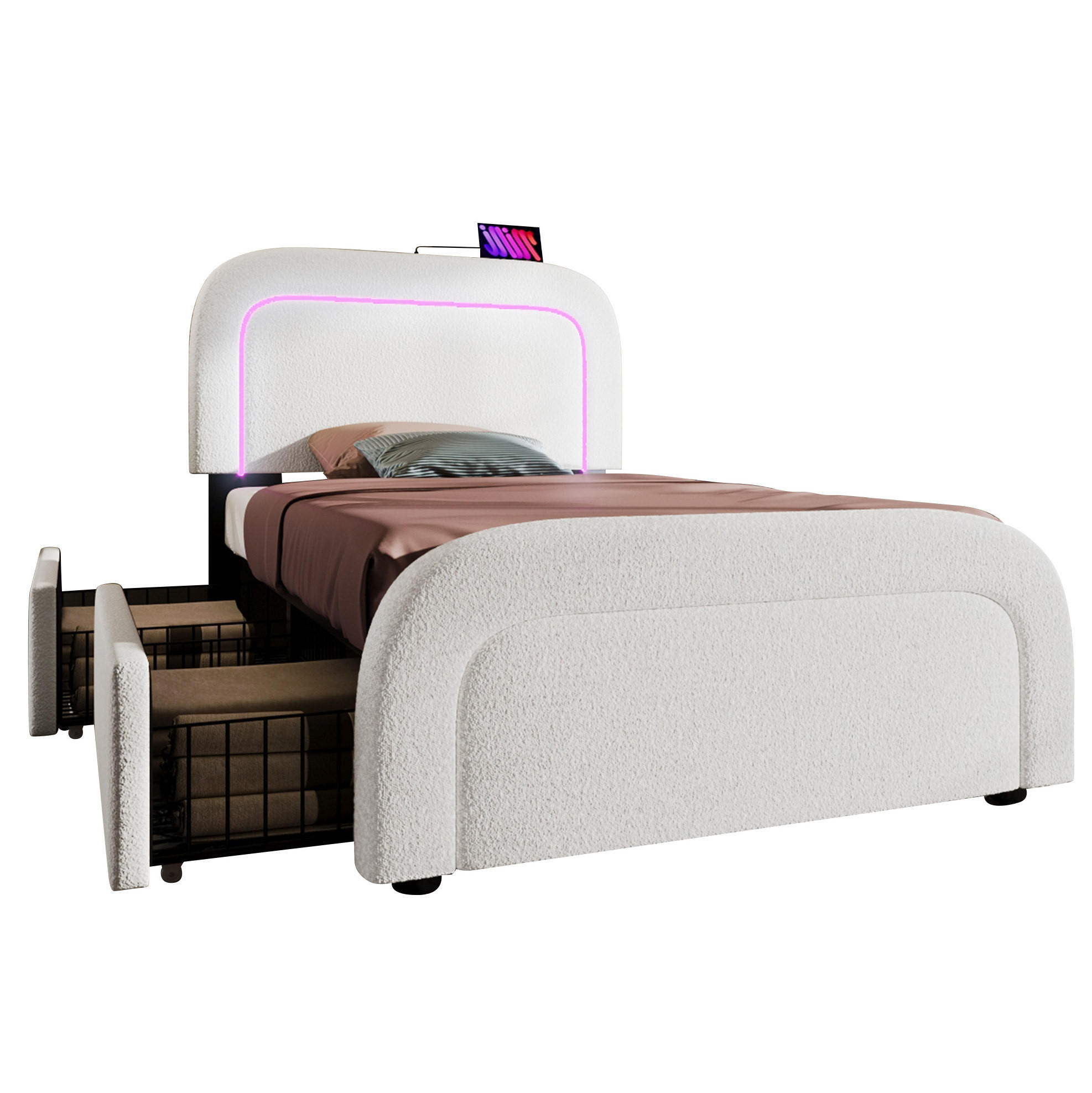 BETT mit Matratze, USB-C, LED und 2 Schubladen 90x200 cm Sherpa Weiß - Weiß, Metall (90/200cm) - Meubliv