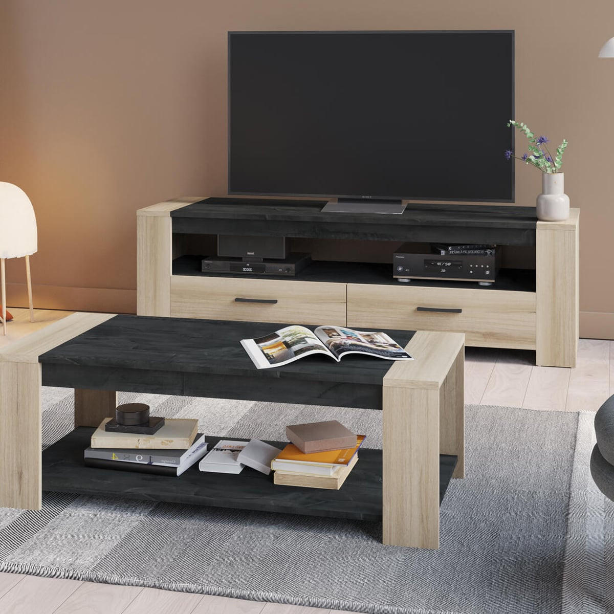 TV-MÖBEL mit 2 Schubladen und 1 breiten Nische L151,7 cm - Sheffield - Sonoma Eiche, Holzwerkstoff (43.3/46.4/151.7cm) - Calicosy