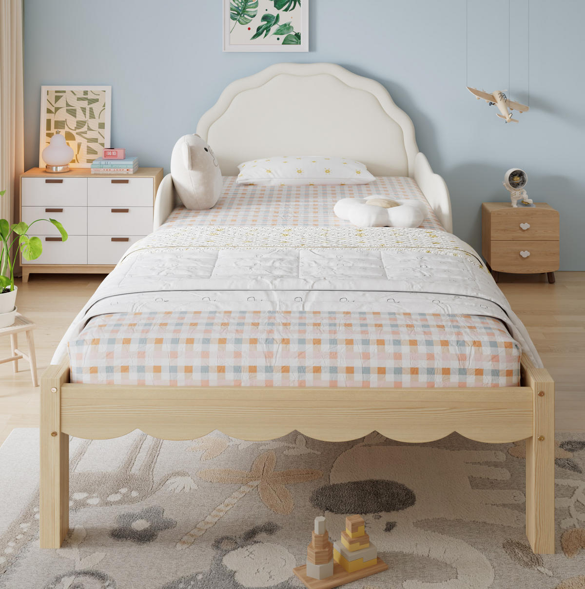 KINDERBETT 90/200 cm aus Holz mit gepolstertem PU-Kopfteil Beige/Natur - Beige, Holz (90/200cm) - Modenvie