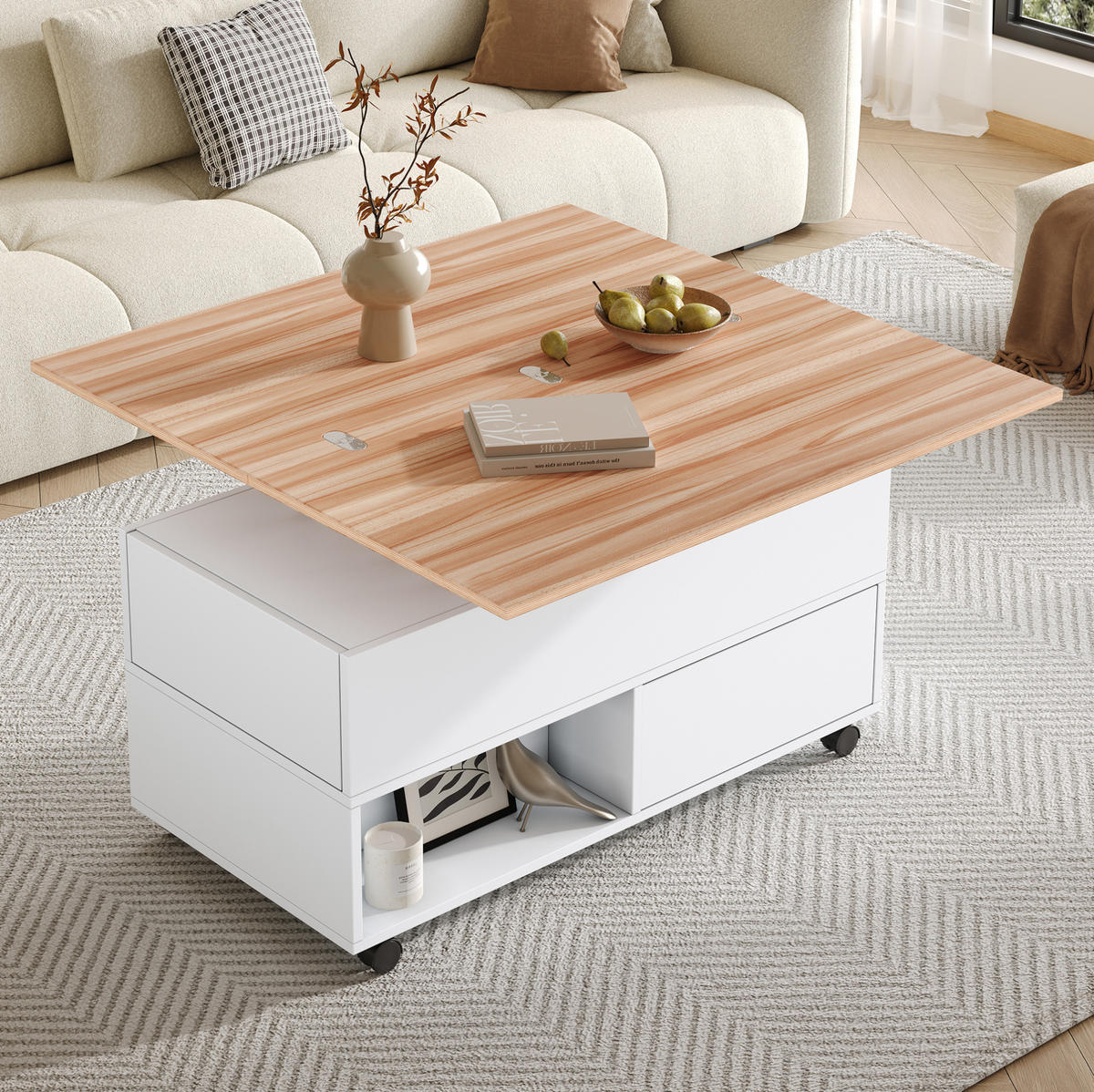 COUCHTISCH höhenverstellbar 100 x 50 cm Weiß/Holzfarbe mit 4 Schubladen - Weiß, Holzwerkstoff (100/50/52cm) - Meubliv