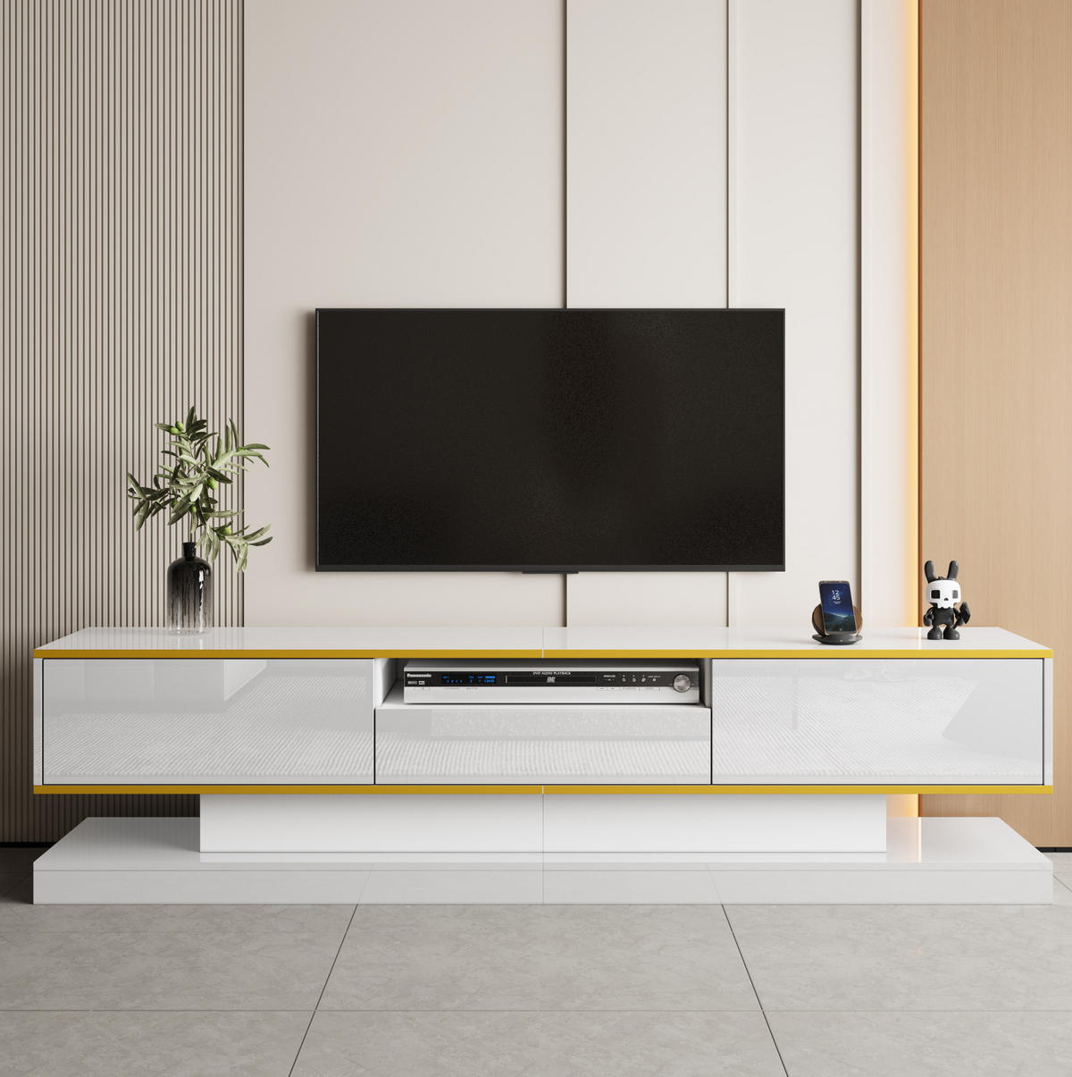 LOWBOARD 180/38/45 cm aus Holzwerkstoff mit Hochglanzfront und LED-Beleuchtung Weiß/Gold - Weiß, Holzwerkstoff (180/45/38cm) - Modenvie