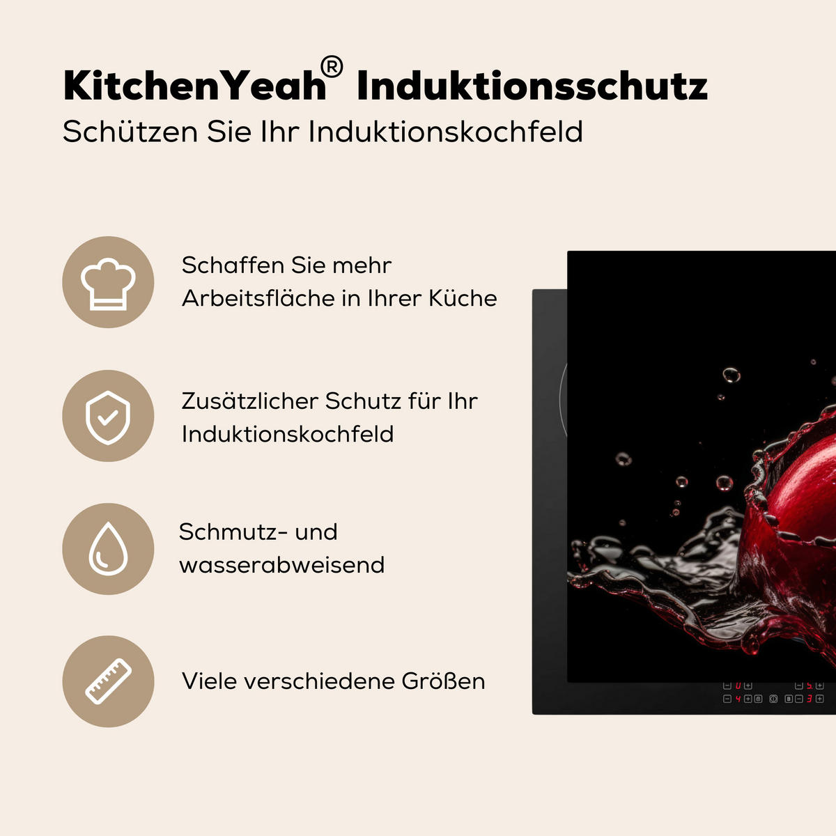HERDABDECKPLATTE Kirsche - Rot - Frucht - Wasser - Schwarz 91x52 cm - Kirschrot, Kunststoff (91.6/0.2/52.7cm) - MuchoWow