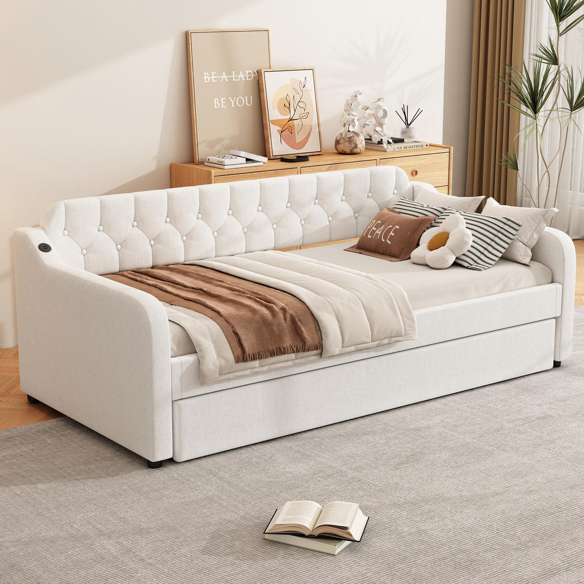 POLSTERBETT 90/200cm mit ausziehbarem Rollbett und USB-Anschluss Beige - Beige, Textil - OKWISH
