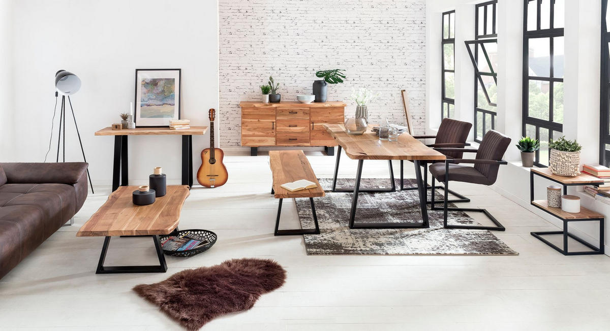 ESSZIMMERBANK Akazienholz Metall schwarze Füße, Beige 180x40x45 cm - Beige/Schwarz, Holz/Metall (180/45/40cm) - KADIMA DESIGN