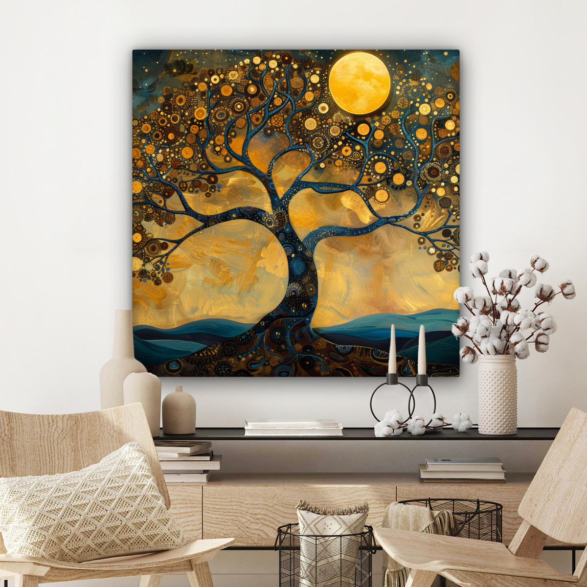 LEINWANDBILD Baum - Mond - Blumen - Gold - Kunst Deko Groß 90x90 cm - Orange, Textil (90/90cm) - MuchoWow