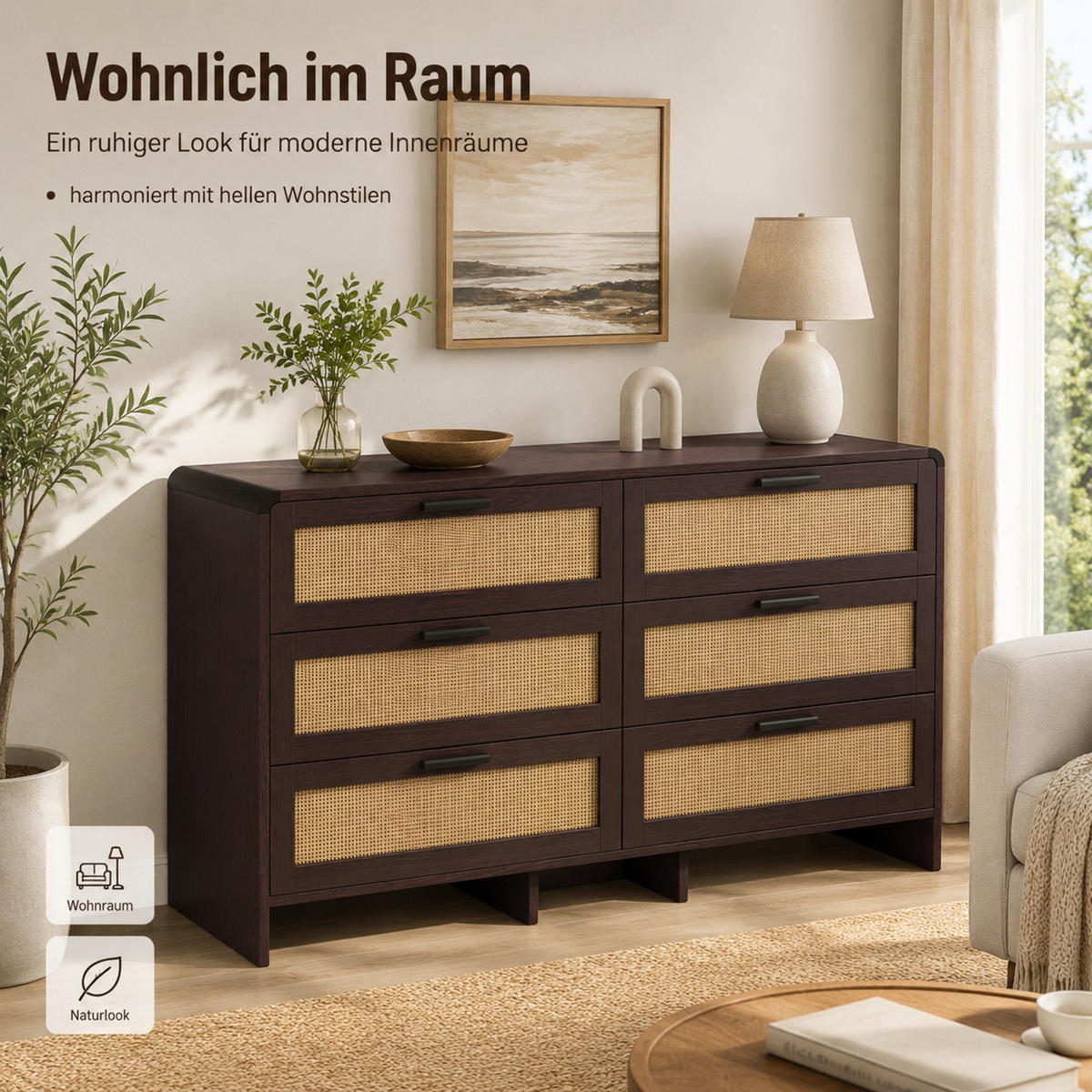 KOMMODE 130 cm aus Holzwerkstoff mit 6 Schubladen und Rattangeflecht Rotbraun - Braun, Holzwerkstoff (130/74/40cm) - Modenvie