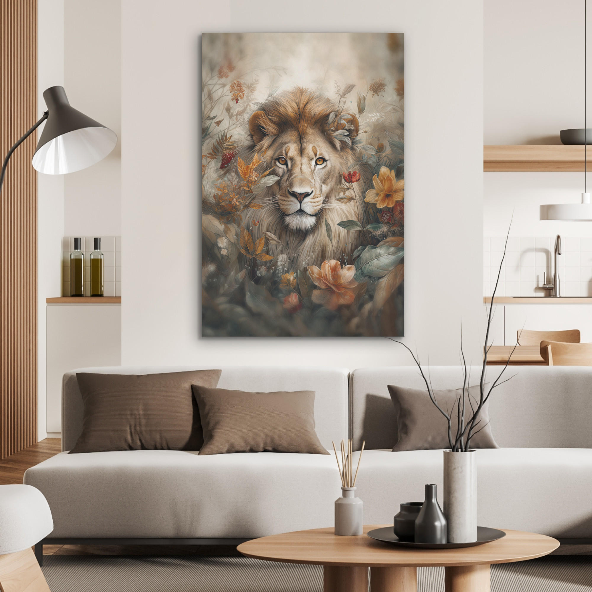 AKUSTIKPANEEL Löwe - Wildtiere - Pflanzen - Natur - Blumen 70x100 cm - Beige, Textil (70/0.9/100cm) - MuchoWow