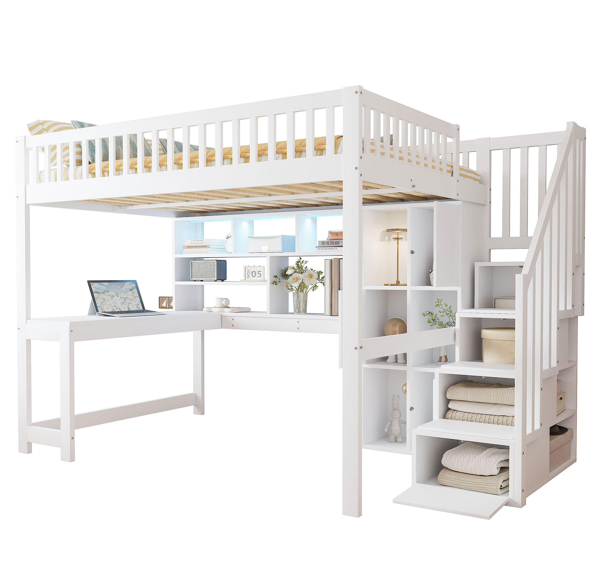 HOCHBETT 140/200 cm Weiß aus Kiefernholz und MDF mit LED-Leuchten - Weiß, Holz (140/200cm) - OKMYHOME