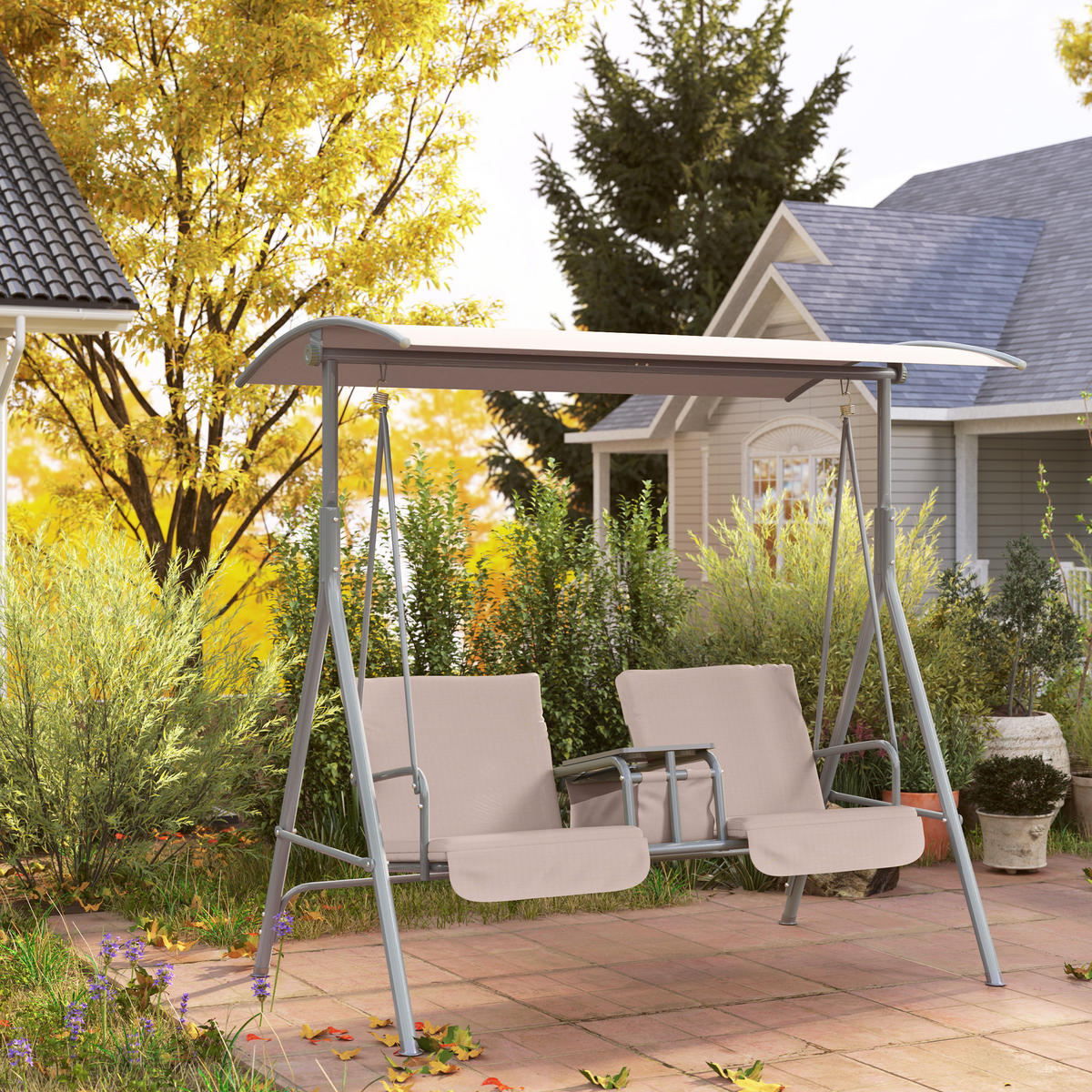 HOLLYWOODSCHAUKEL mit Becherhalter - Beige, Metall (112/158/175cm) - Outsunny