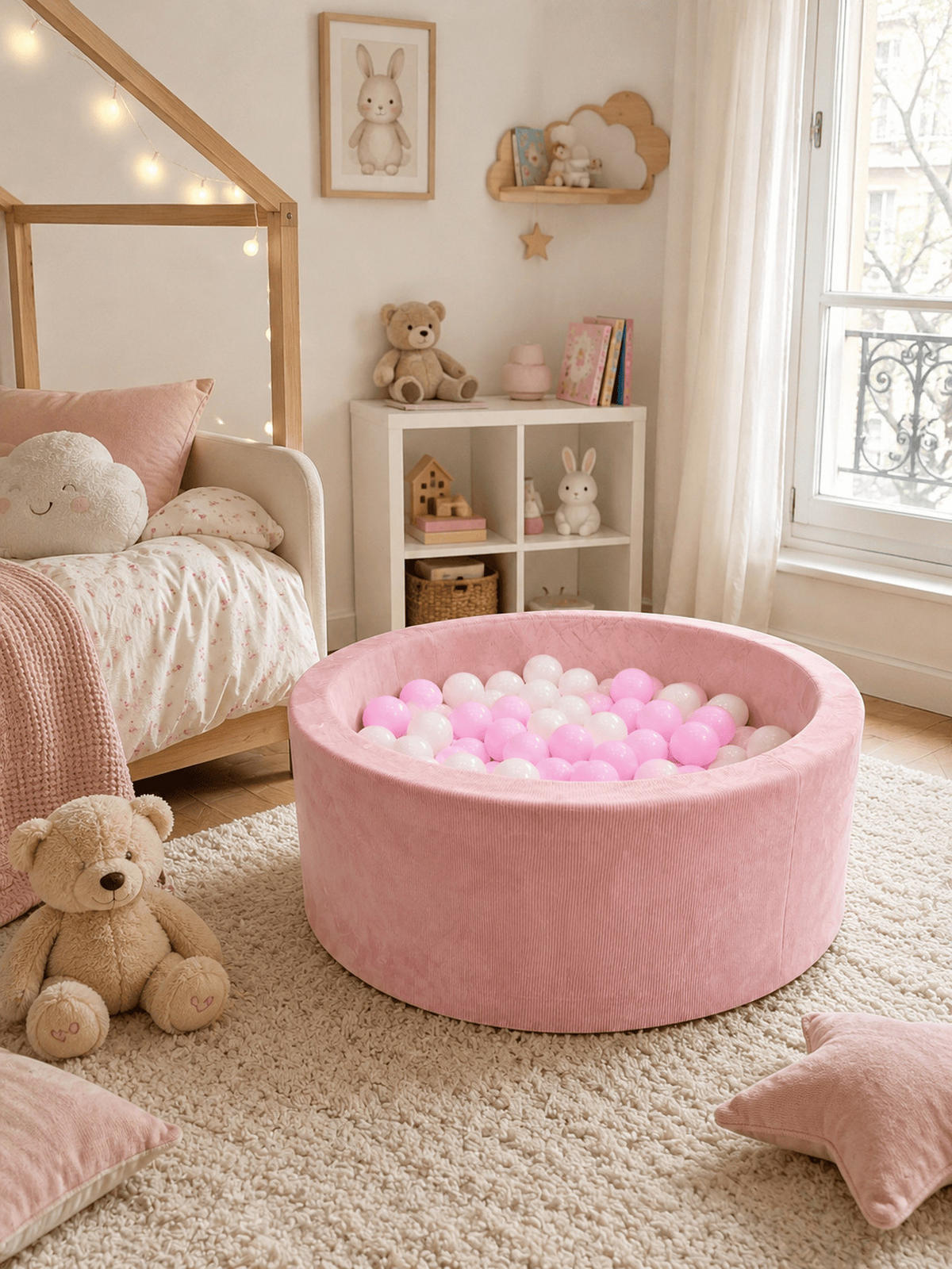 BÄLLEBAD für Babys Pfirsichrosa Ø90 × 30 cm mit 200 weißen und rosa Bällen - Pink, Textil (90/30cm) - AngeLove