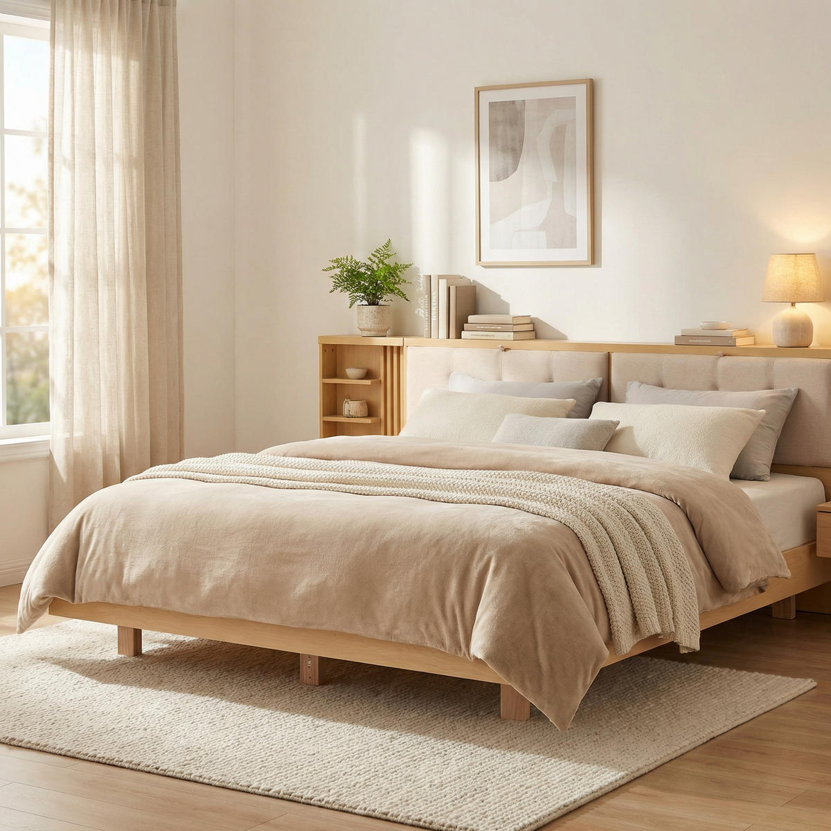 BETT 180/200 cm in Natur mit Stauraum, USB und Steckdose - Naturfarben, Holz/Holzwerkstoff (180/200cm) - WISHDOR
