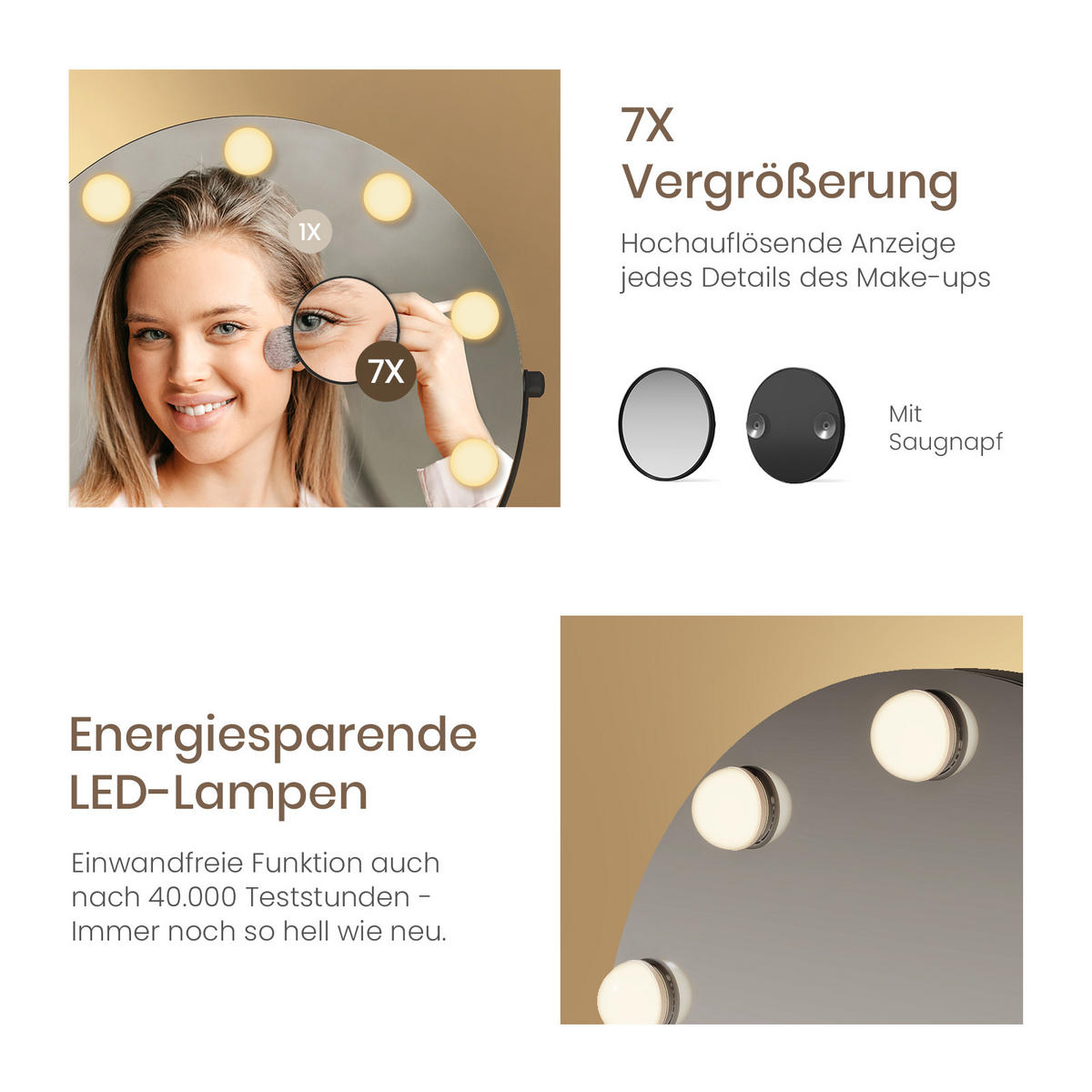 KOSMETIKSPIEGEL Runder mit Beleuchtung, Schwarz, ф40 cm - Schwarz, Glas (40/16/40cm) - EMKE