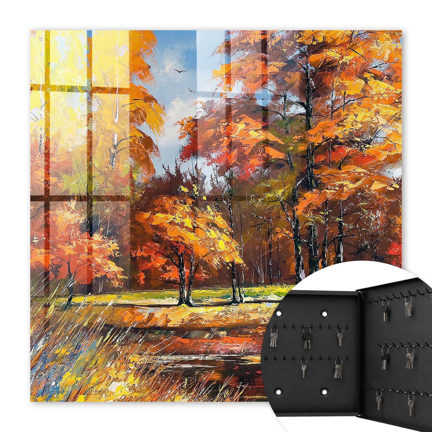 SCHLÜSSELBOX Schwarz 30x30 cm- Türöffnung nach rechts - Herbstlandschaft - Orange, Metall (30/30/5cm) - TULUP