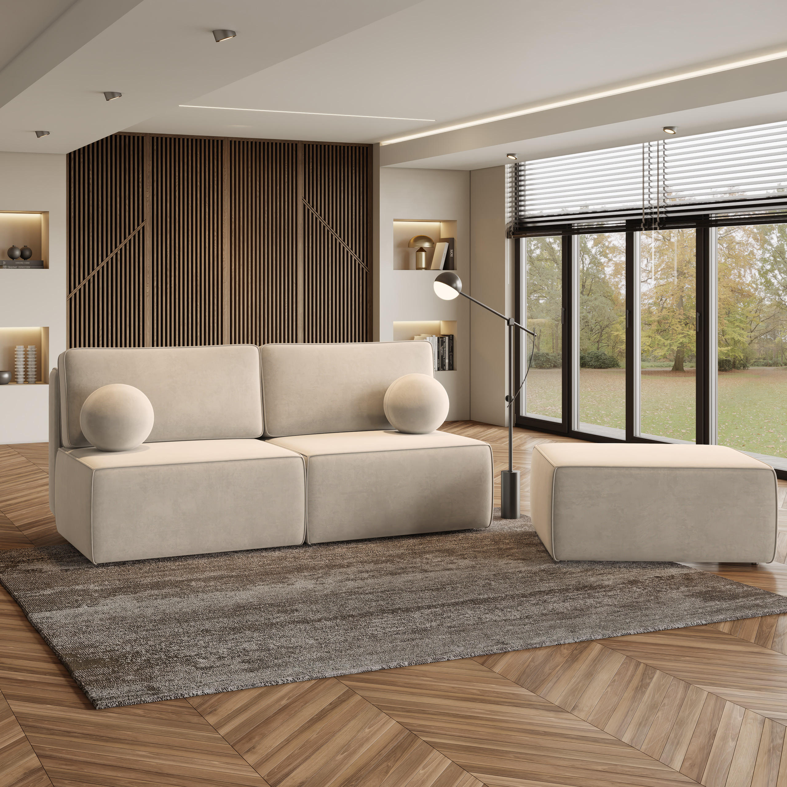 ECKSOFA VARNA M Creme Velours-Stoff mit Schlaffunktion - Creme, Holz (196/158cm) - MASSENO