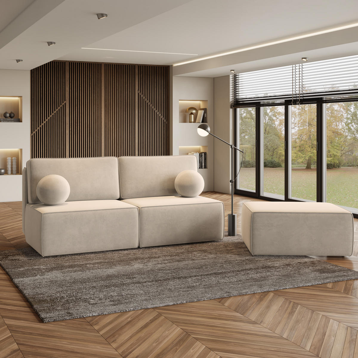 ECKSOFA VARNA M Creme Velours-Stoff mit Schlaffunktion - Creme, Holz (196/158cm) - MASSENO