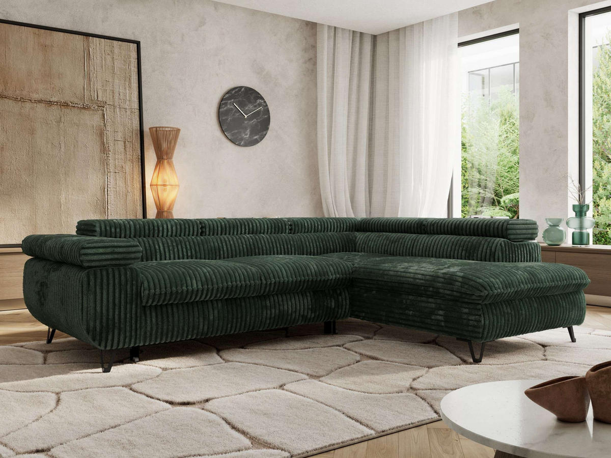 ECKSOFA PABLO L Grün Cord - Rechts Seite mit Visco Topper - Schwarz/Grün, Textil/Metall (273/208cm) - MKS