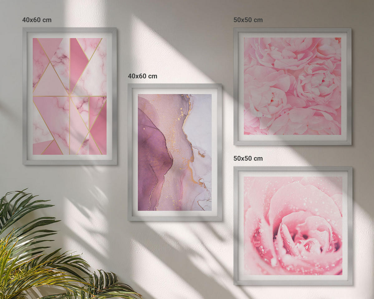 WANDBILDER 4er Set - 50x50 cm & 40x60 cm Silberner Rahmen - Rosa geometrische Pfingstrosen - Silberfarben, Kunststoff (50/50cm) - ArtPrintCave