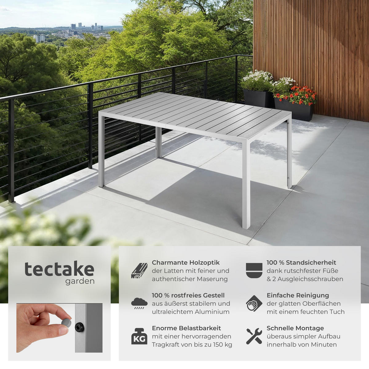 GARTENTISCH Bianca,150 x 90 x 74,5 cm,silber/grau - Silberfarben/Grau, Metall (150/90/74.5cm) - tectake