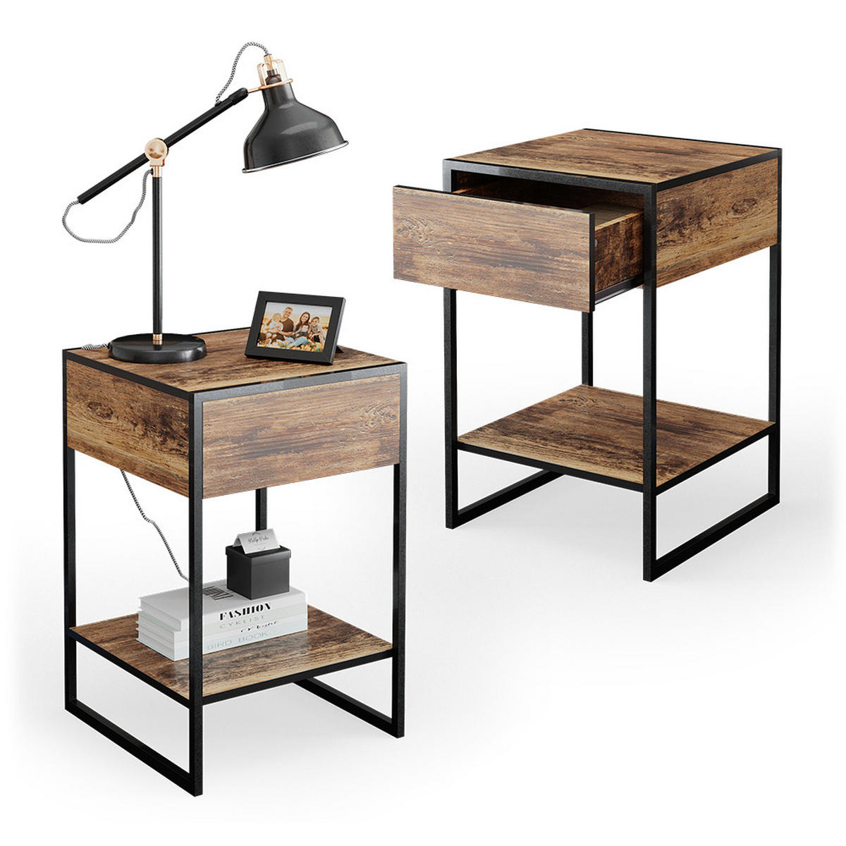 NACHTTISCH Fyrk Antikholz 43.5 x 66 cm 2er Set - Eichefarben/Schwarz, Holzwerkstoff (43.5/66/43.5cm) - Vicco