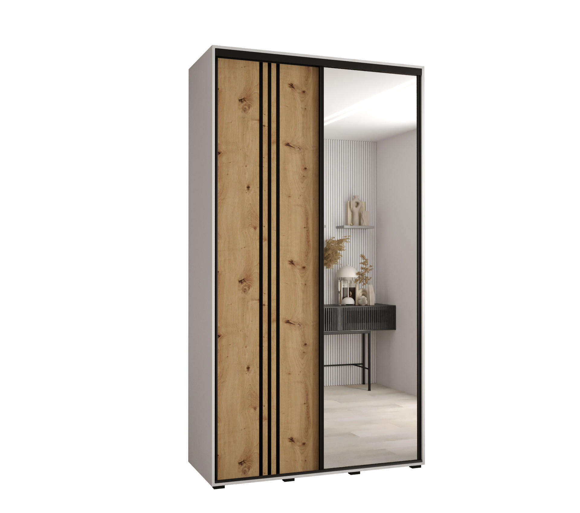 Abiks Möbel Schwebetürenschrank Weiß, Eiche Artisan, Schwarz 140x235x60 cm