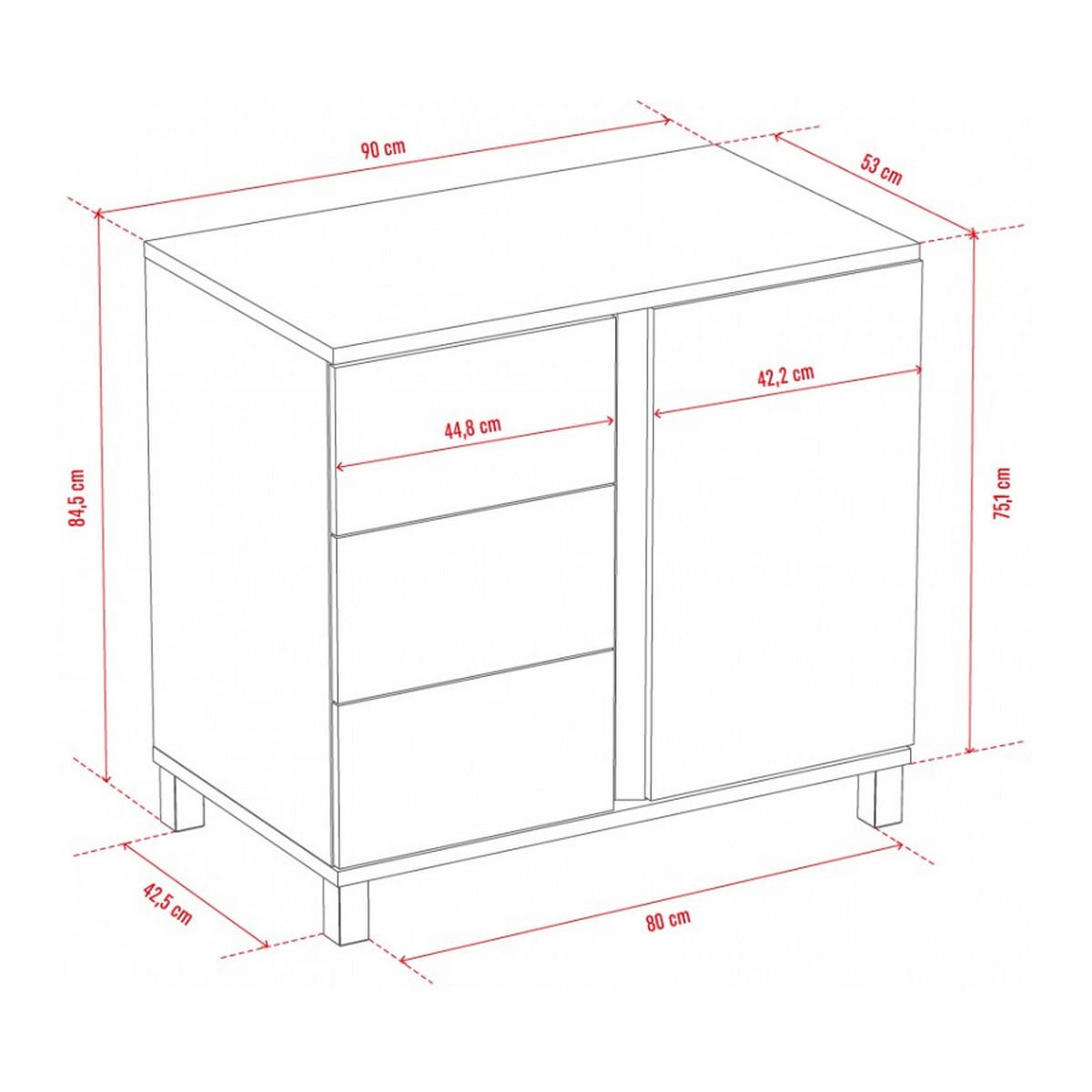 KOMMODE mit 3 Schubladen und 1 Tür - L90 cm - Altitude - Weiß, Holzwerkstoff (53/84/90cm) - Calicosy