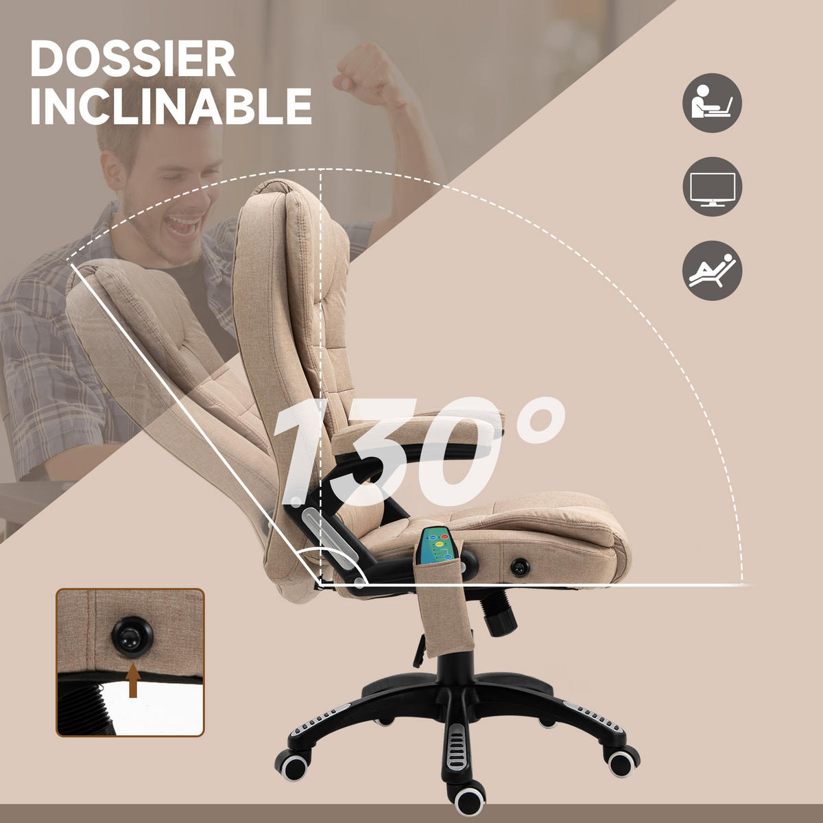 CHEFSESSEL DE-11661 mit Massage & Heizfunktion Beige - Beige, Textil (74/116/67cm) - ComfortXL