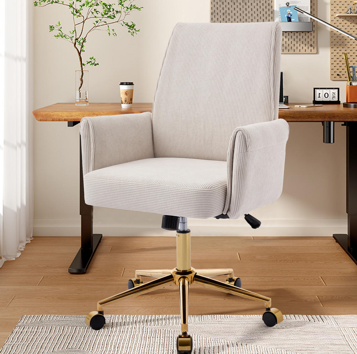 DREHSTUHL 65/63/99 cm weiß aus Corduroy mit ergonomischer Rückenlehne - Weiß, Textil (64/107/61cm) - OKWISH