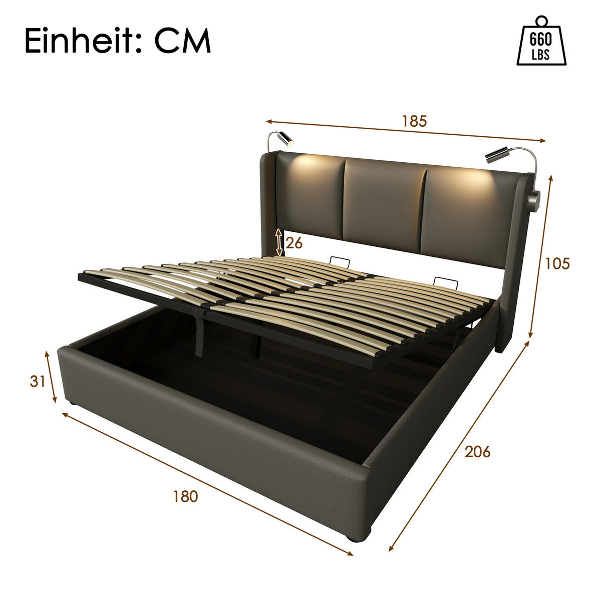 POLSTERBETT 180/200 cm in Grau mit Bettkasten, LED und USB - Grau, Holzwerkstoff/Textil (180/200cm) - WISHDOR