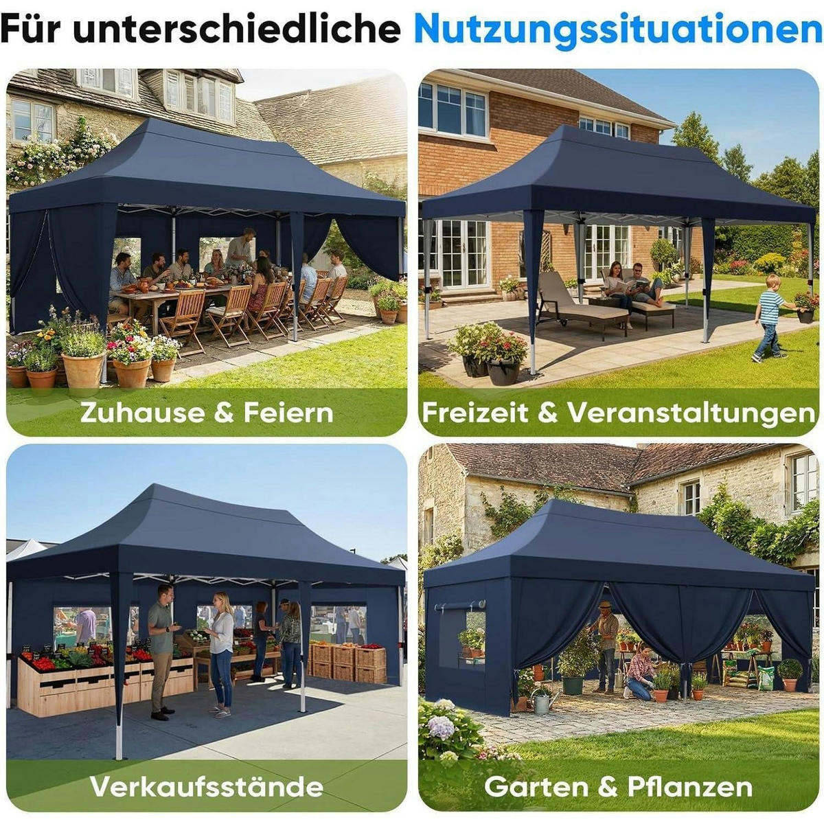 FALTPAVILLON 3x6m wasserdicht mit Seitenwänden Blau - Blau, Textil (585/310/293cm)