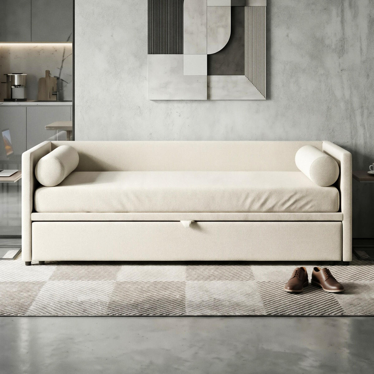 POLSTERBETT Tagesbett 90/200 cm ausziehbar auf 180/200 cm Samtoptik Beige - Beige, Textil (180/200cm) - Creahappy