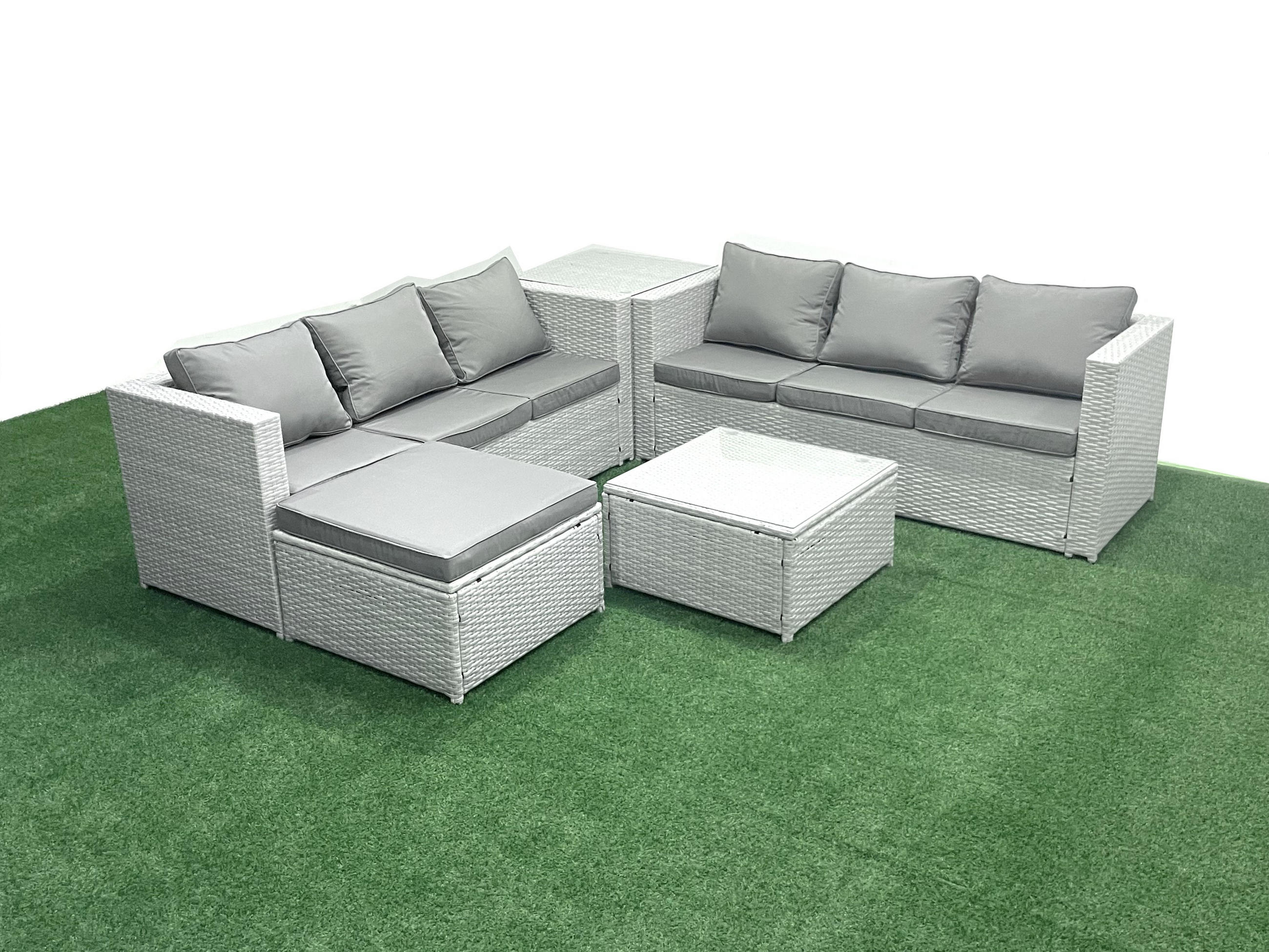 GARTENMÖBEL-SET mit Kissen Polyrattan Hellgrau-Mix 7-Sitzer - Hellgrau/Grau, Glas/Kunststoff - Fimous
