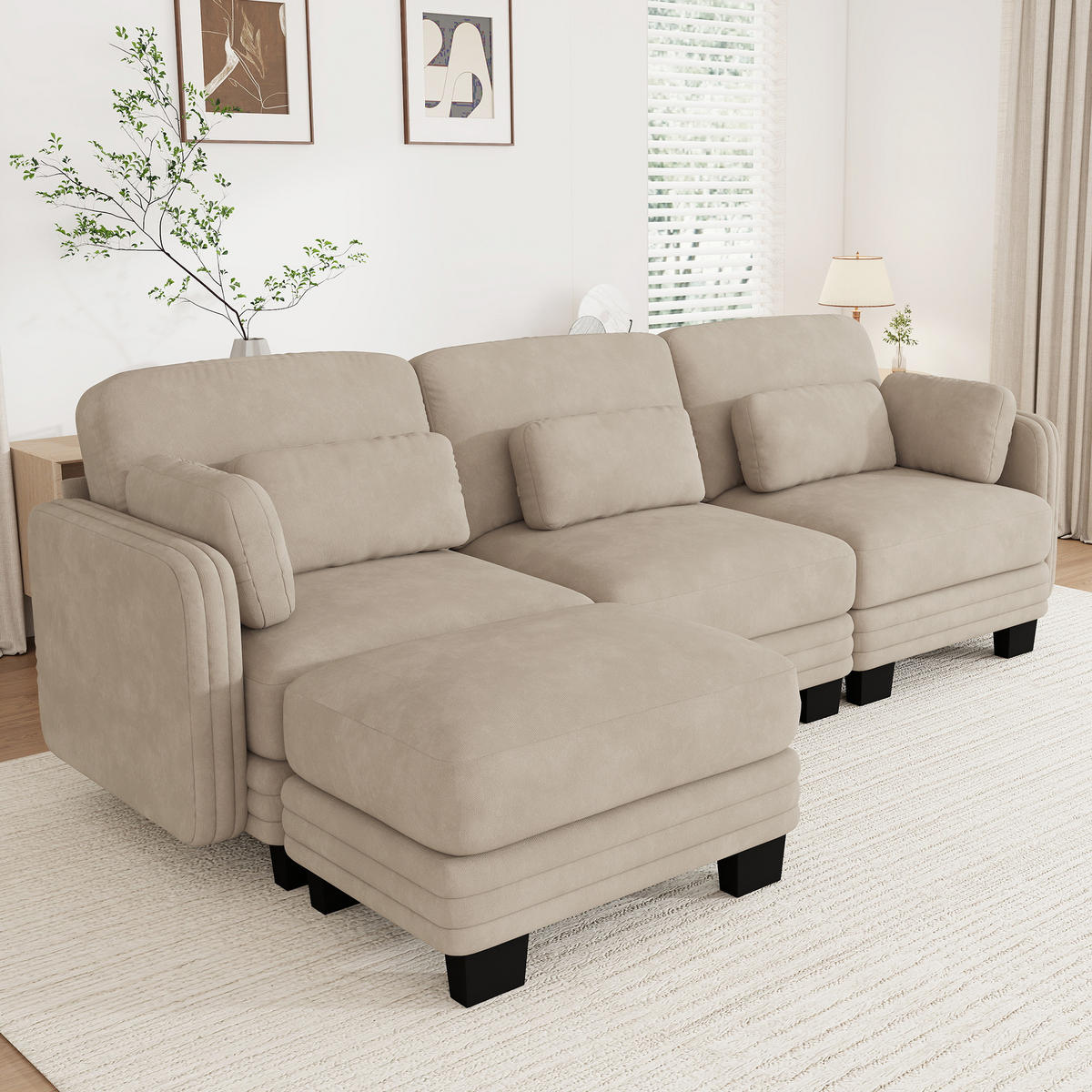 ECKSOFA L-Form 3-Sitzer mit Ottomane, DE-42686, Hellbraun - Hellbraun, Holz (253/143cm) - ComfortXL