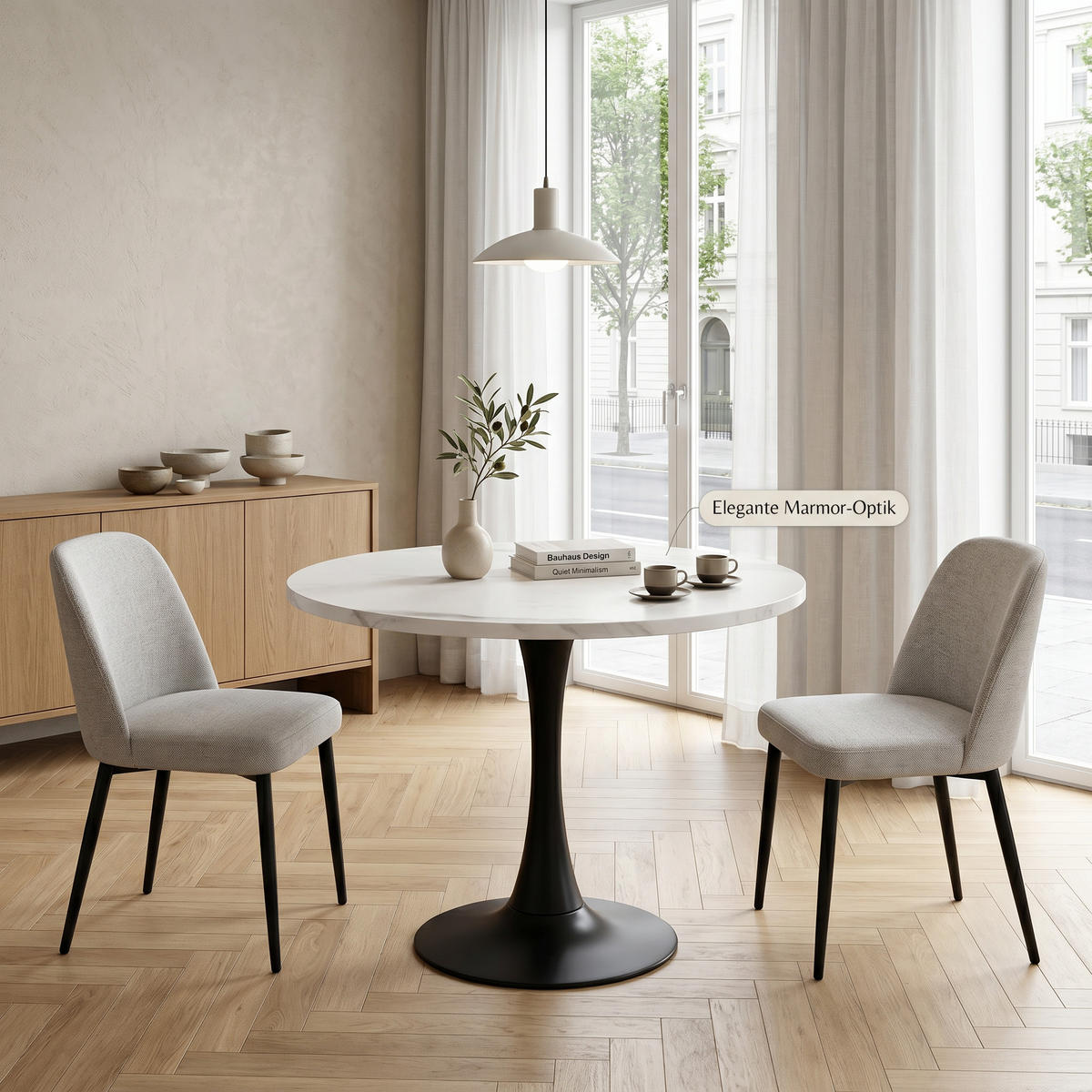 ESSTISCH in Weißer Marmor runder Küchentisch für 2-4 Personen, B80/T80/H75 cm - Schwarz/Weiß, Holzwerkstoff/Metall (80/80/75cm) - STILVORA