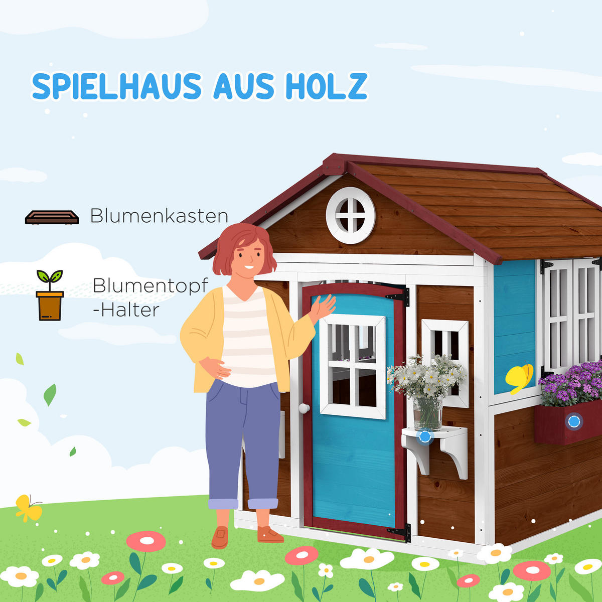KINDERSPIELHAUS, Mehrfarbig, Tannenholz - Multicolor, Holz (114/135/126.4cm) - Outsunny