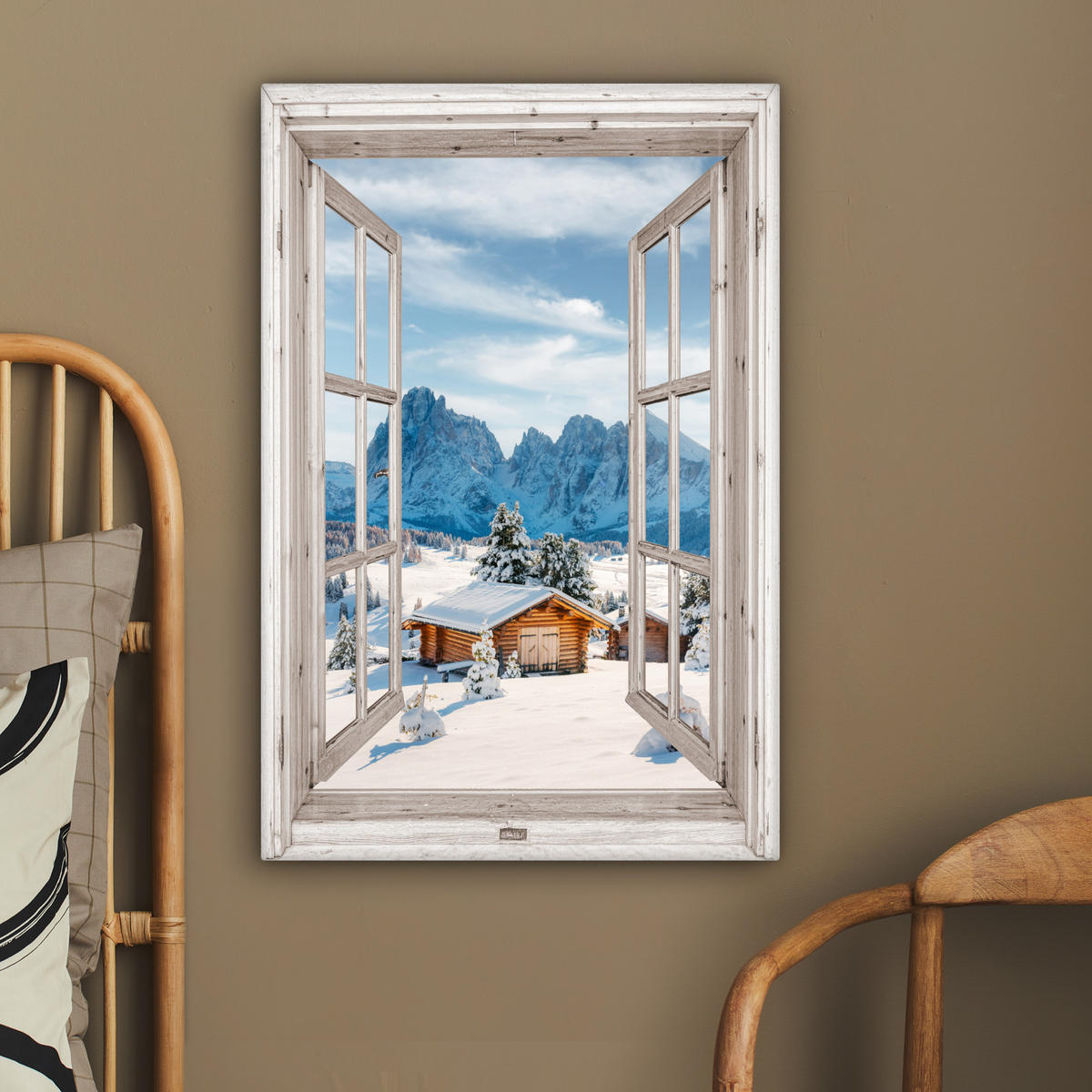 LEINWANDBILD Winterlandschaft - Hütte - Berge - Ausblicke - Aussicht - Natur 40x60 cm - Weiß Hochglanz, Textil (40/60cm) - MuchoWow