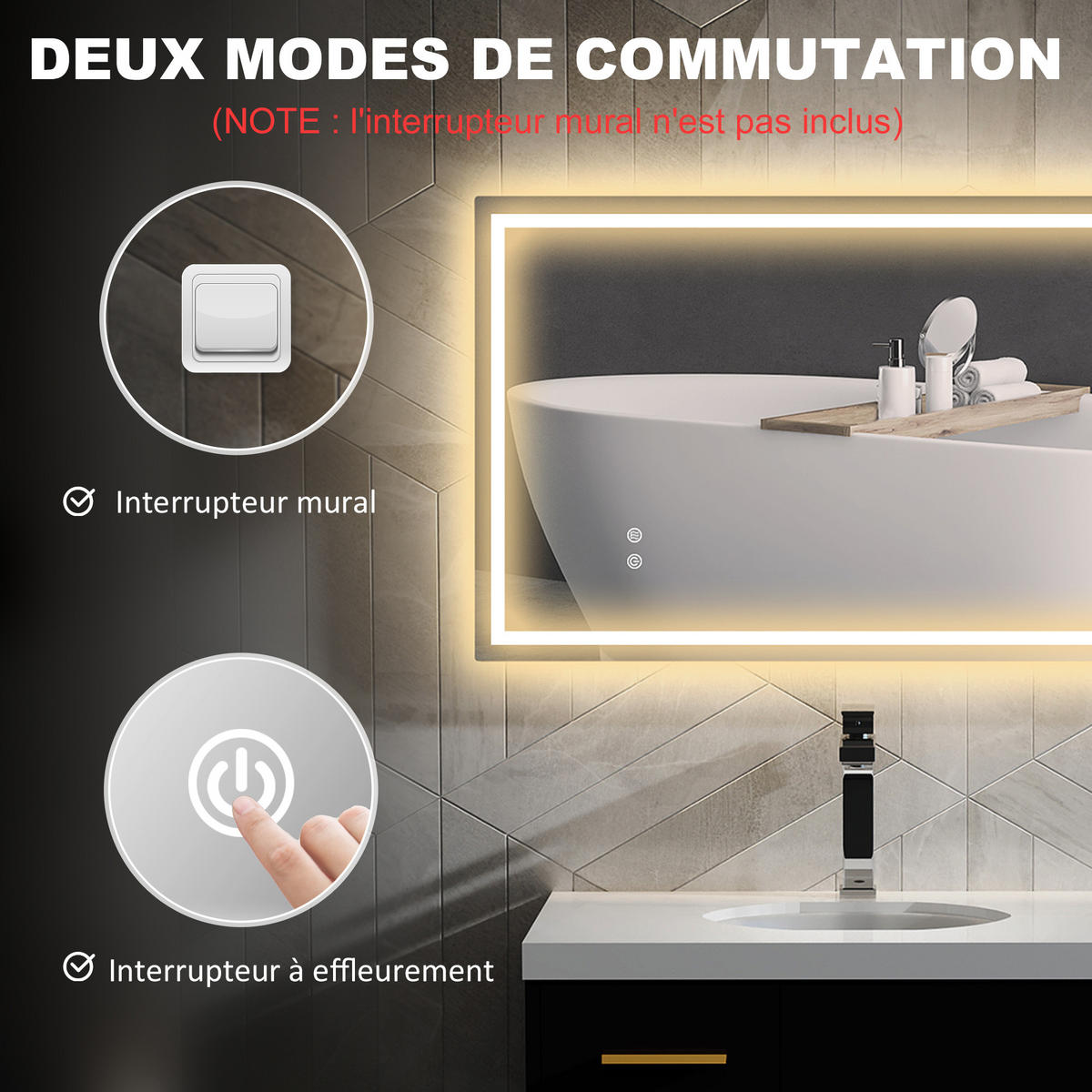 BADEZIMMERSPIEGEL DE-15163 80/100 cm mit 3 LED-Farben und dimmbar - Transparent, Glas (3/60/100cm) - ComfortXL