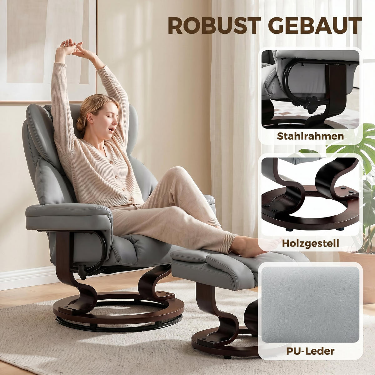 RELAXSESSEL mit Fußhocker PU-Leder Hellgrau - Hellgrau/Braun, Holz/Kunststoff (79/100/80cm) - HOMCOM