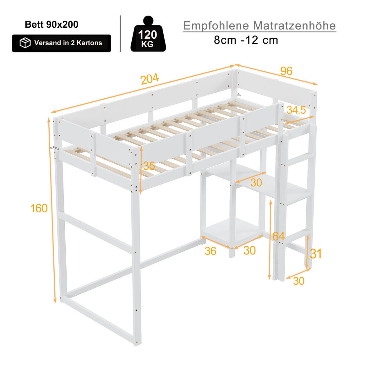 HOCHBETT 90x200 cm Ablage Holz weiß - Weiß, Holz (90/200cm) - LEBENLANG