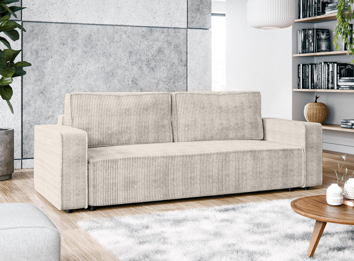 BIGSOFA Aydin Sofa Creme 238/94/85 cm Cord mit Schlaffunktion Bettkasten - Creme/Schwarz, Kunststoff/Textil (238/85/94cm) - AX Living